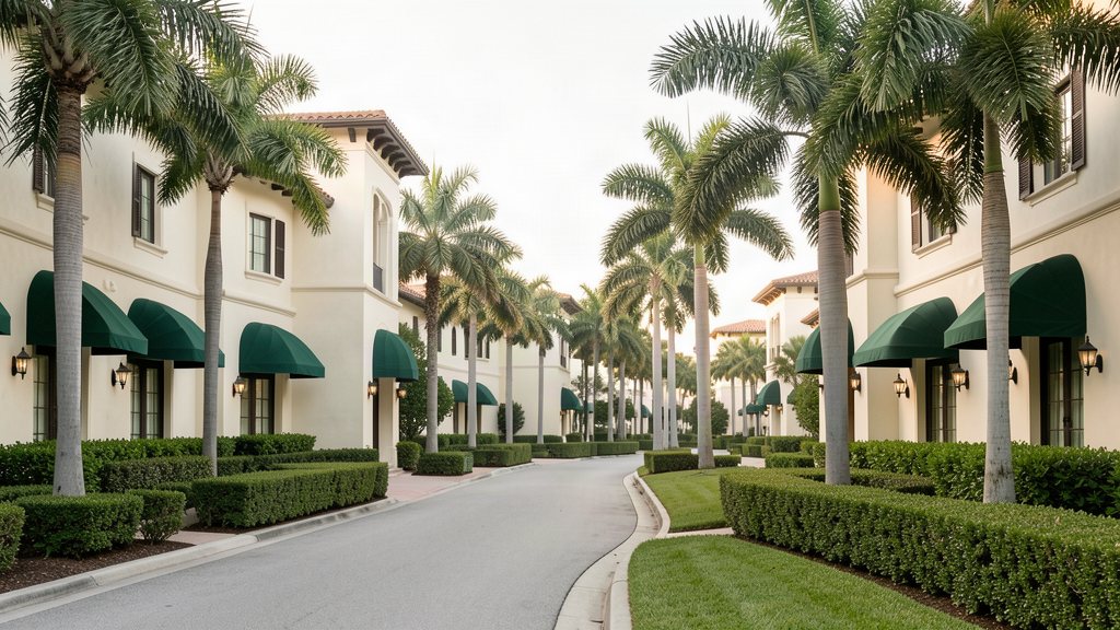 Palm-lined avenue with Mediterranean-revival architecture in Palm Beach
