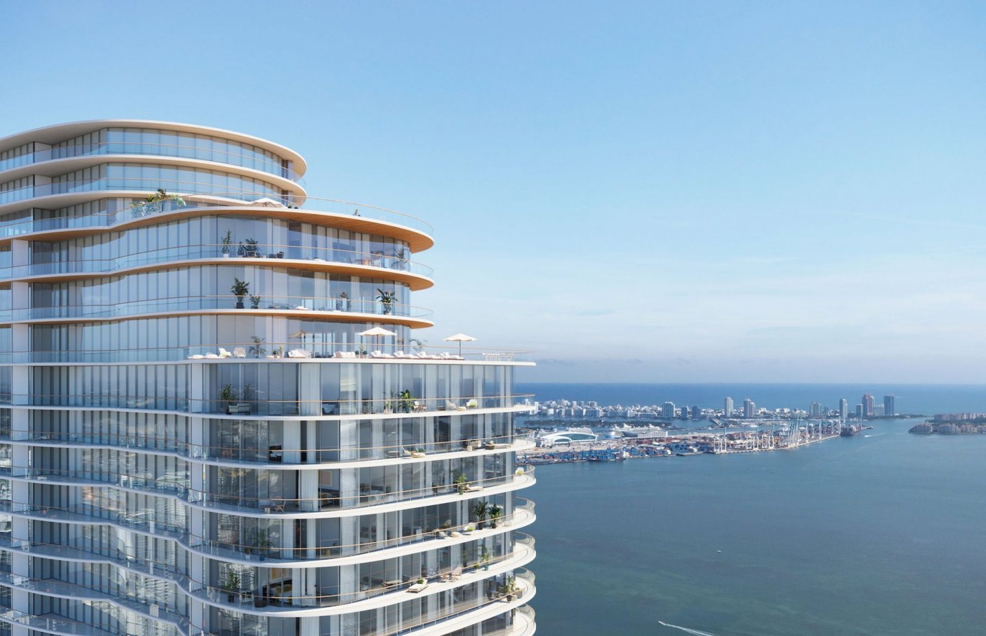 Cipriani Residences Miami, imagem de divulgação da torre no Brickell com a Baía de Biscayne ao fundo