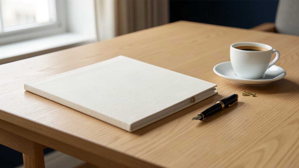 Private consultation table with linen folio, pen and espresso in natural light