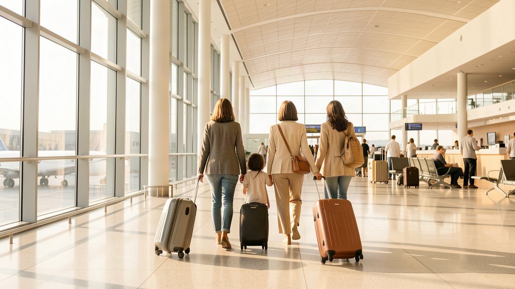 Family with luggage walking through a bright airport terminal at golden hour