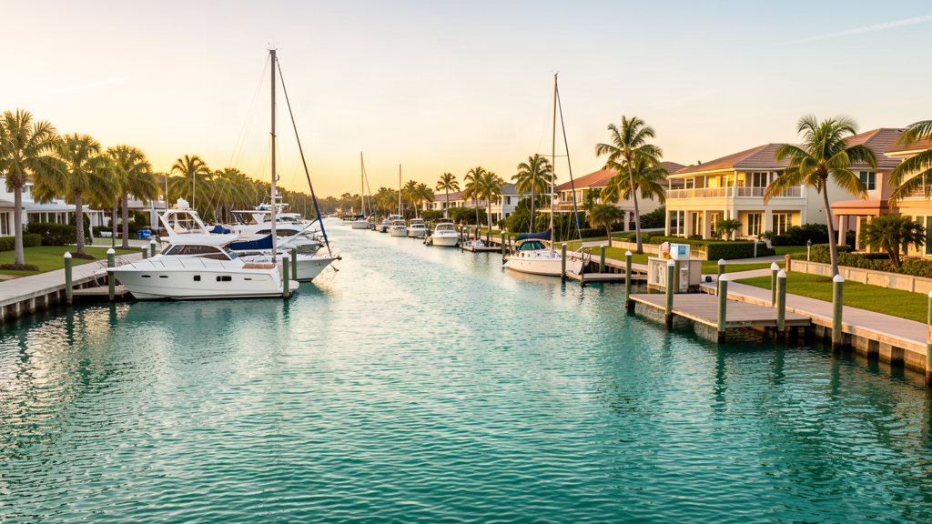 Fort Lauderdale intracoastal waterway with yachts in late afternoon light