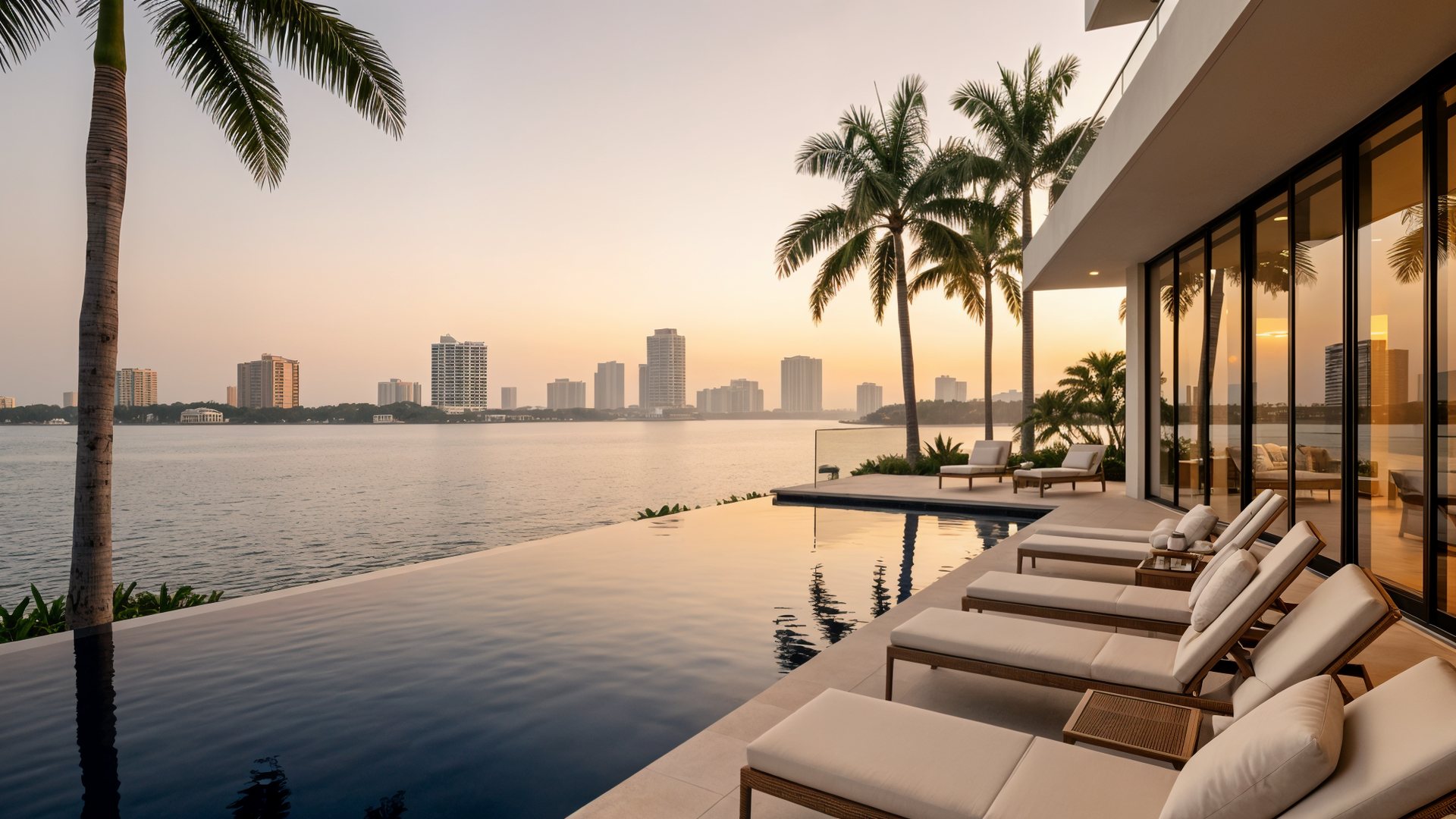 Contemporary waterfront residence terrace with infinity pool at golden hour in South Florida