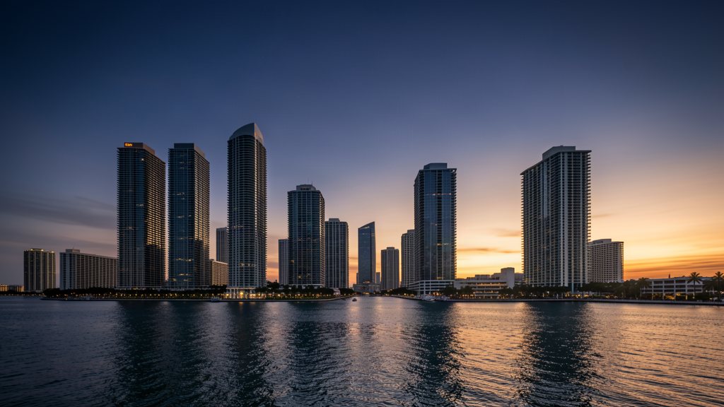 Miami skyline across Biscayne Bay at dusk