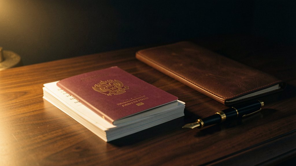 Passport, travel documents and fountain pen on a dark walnut desk in warm light