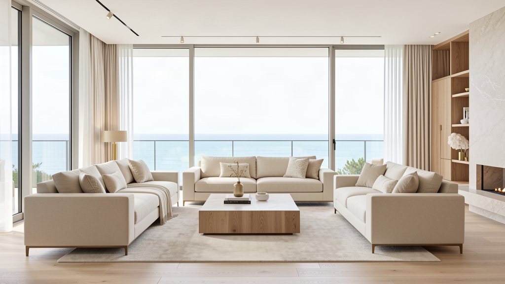 Bright contemporary residence living room with ocean view