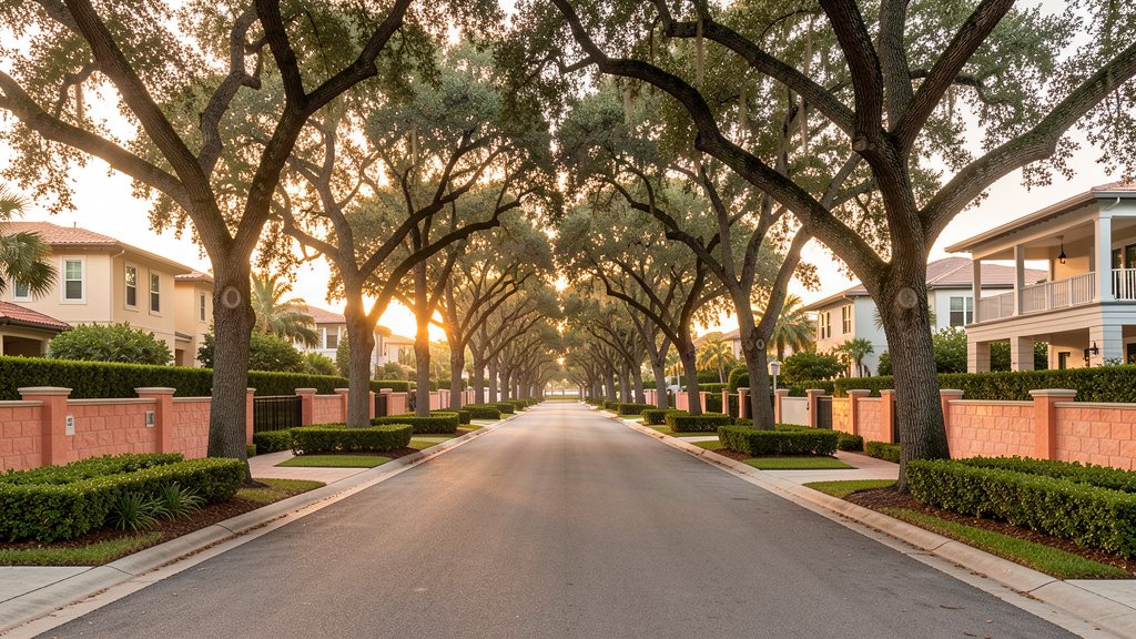 Tree-lined residential avenue in South Florida at golden hour